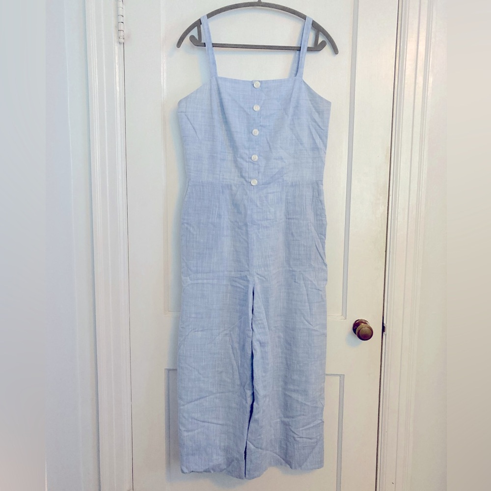 1901 Chambray Jumpsuit Medium Light Blue Cropped Wide Leg Coastal Preppy